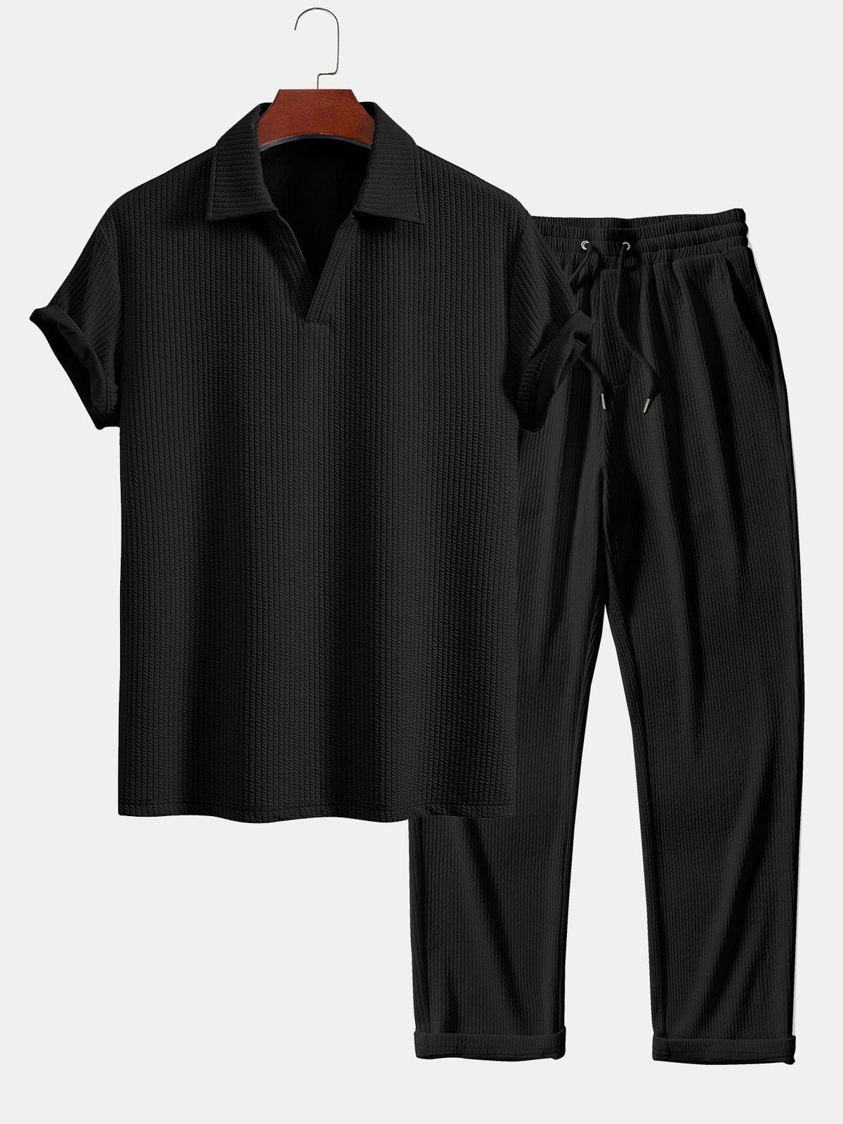 Textured V-Neck Polo & Trousers Set – photo 2